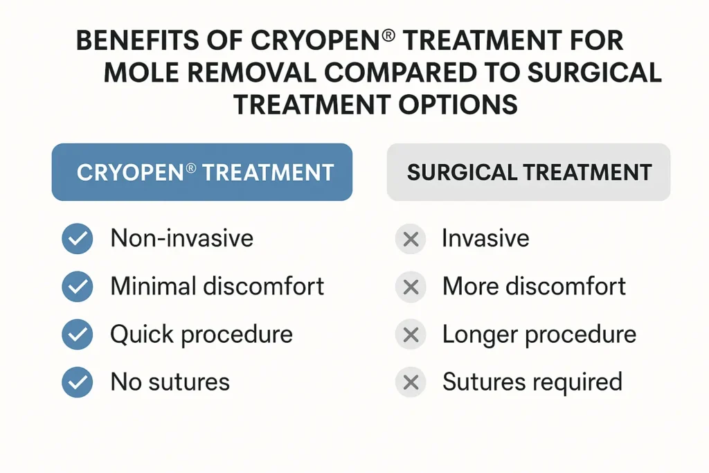 Table to show the benefits of getting moles removed Plaistow from LA LIPO