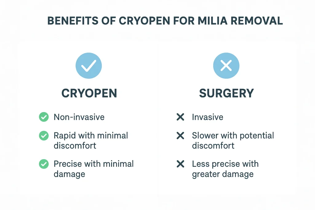 Benefits of cryopen for milia removal Plaistow compared to surgical treatments.