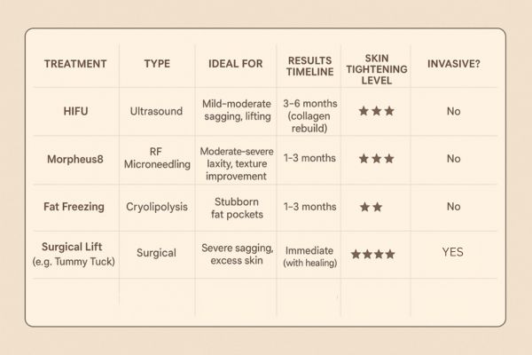 Table showing the comparisons of Skin tightening Plaistow treatment options.